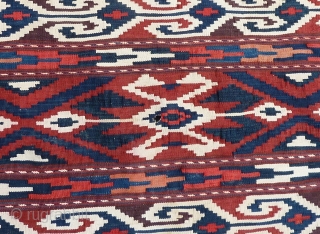 Antique Yomud Kilim, 134 c 123 cm., 4' 4" x 4'. Natural dyes and a hot red, but without colour transfer. Good condition, except for a finger tip seize hole ( see  ...