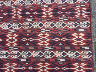 Antique Yomud Kilim, 134 c 123 cm., 4' 4" x 4'. Natural dyes and a hot red, but without colour transfer. Good condition, except for a finger tip seize hole ( see  ...