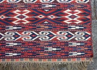 Antique Yomud Kilim, 134 c 123 cm., 4' 4" x 4'. Natural dyes and a hot red, but without colour transfer. Good condition, except for a finger tip seize hole ( see  ...