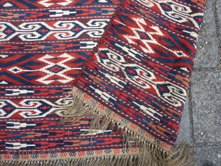 Antique Yomud Kilim, 134 c 123 cm., 4' 4" x 4'. Natural dyes and a hot red, but without colour transfer. Good condition, except for a finger tip seize hole ( see  ...
