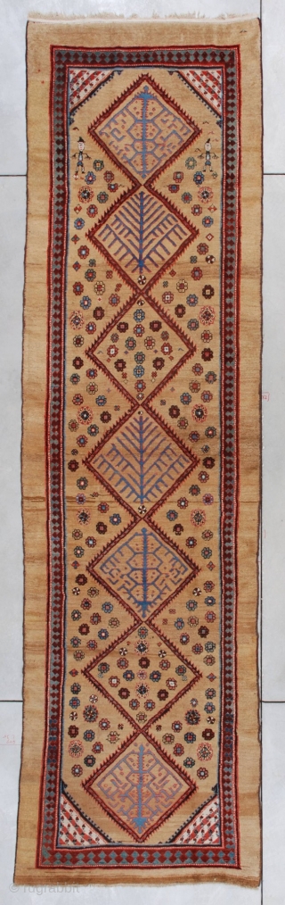 This circa 1880 Serab runner #7334 measures 3’8” x 13’5” (115 x 410 cm). It is an absolutely fantastic camel hair runner. There are seven diamonds up the center, each with a  ...