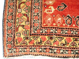 #6578 Senna Saddle Oriental Rug This mid 19th century Senna Saddle Persian Oriental Rug measures 3’6” x 3’6”. It is the only red Senna Saddle i have ever seen. It is full  ...