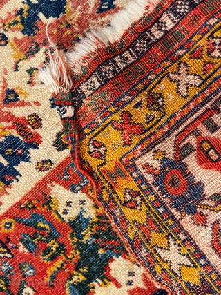 Quashquai rug with Gul Farangi style composition but also delightful, classic animal motifs. Sparkly cotton whites. Has its own distinct charm. Finely woven with floppy handle. Details, more pics on request.  