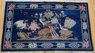 Tibetan Phoenix Peacock Birds Antique Oriental Rug, size is 3'3" x 5'9" ft. shiny wool and wonderful colors.               