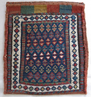 Bijar area Shahsavan sumak bag, saturated colors front kilim top and some small areas have old restoration on back side Size : 10.5" X 9"        