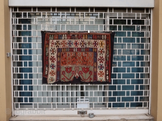 Fabulous, old, big and colorful Inlice (Konya area) tulip kilim fragment (137 cm. x 102 cm.) 
Mounted on a black fabric, clean and ready to display.
Shipping worldwide at cost.
If any question just  ...