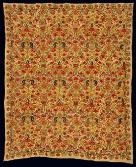 Embroidered bedspread with multi-coloured foliate and floral motifs, birds and heraldic beasts: a rare, if not unique, surviving example of earlier Cretan bridal bedclothes. Late 17th-early 18th c. 1.51x1.25 m. Gift of Christopher Tower. (ΓΕ 32646) image and text copyright Benaki Museum
