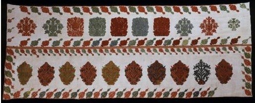 Embroidered bed valance with the distinctive raised technique unique to Rhodes, a Dodecanese island, and stylised subjects. 18th-19th c. (ΓΕ 6607) image and text copyright Benaki Museum