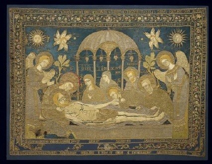 Gold-thread embroidered and inscribed epitaphios bearing a representation of the Lament, dedicated to the Church of St George at Ankara. One of the most impressive examples of Post-Byzantine art made by the renowned embroideress Despoineta in Constantinople. 1682. 1.12x1.50 m. (ΓΕ 34604) image and text copyright Benaki Museum