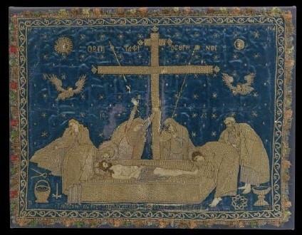 Silver-thread embroidered antimensium bearing the representation of the Lament. The figures of wailing women are depicted beneath the double Cross of the Resurrection. Possibly from a Danubian Principality workshop. Middle of the 16th c. 0.40x0.53 m. (ΓΕ 34682)   image and text copyright Benaki Museum