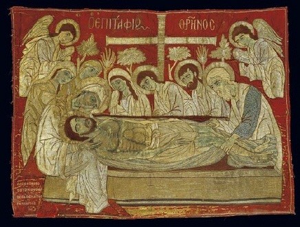 Epitaphios with gold-thread embroidery; a liturgical cloth depicting the Lament and used during Good Friday services. This inscribed handiwork by the needlewoman Theodosia Poulopos is dated 1599 and is one of the most important and earliest examples of ecclesiastical art of the post-Byzantine era. 0.80x1.07 m. (ΓΕ 9338)  image and text copyright Benaki Museum