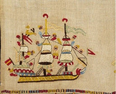 Embroidery on the border of a bridal towel from Skyros island depicting a ship. Embroideries from Skyros, one of the most luxurious and more thoroughly studied categories of neo-Hellenic embroidery, are noted for their imaginative freedom of design, their joyous, naturalistic spirit, and endless chromatic variety. 18th-19th c. (ΓΕ 6404) image and text copyright Benaki Museum