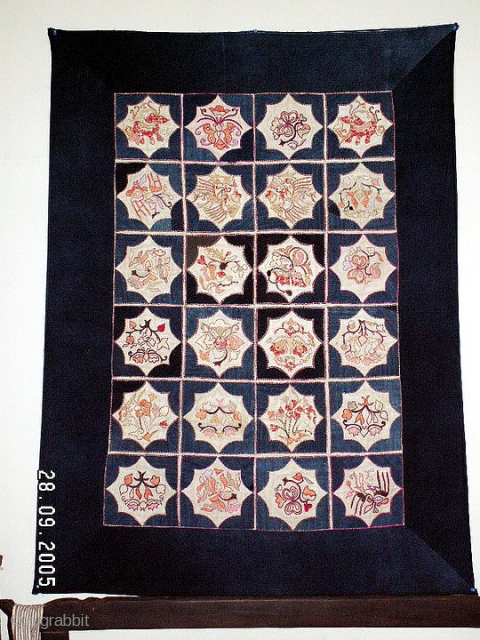 -MIAO WEDDING BED COVER.--APPLIQUE AND EMBROIDERY ON A HANDSPUN INDIGO COTTON GROUND. CIRCA 1940s.                   