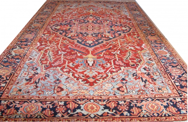 Pristine antique Heriz Carpet 3.48m x 2.30m. Fine weave, wonderful colours and beautifully drawn. The condition is excellent.               