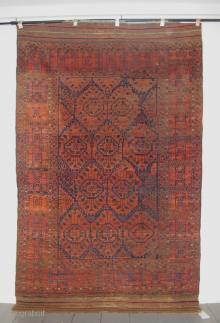 Antique Belouch carpet, 2.77m x 1.76m including the kilim ends. Archaic with a great border.                  