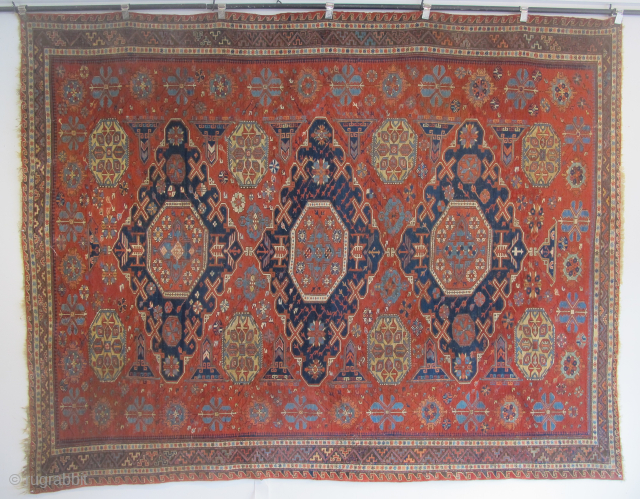 19th century Soumac Carpet with exemplary colours and design. The dimensions are 2.95m x 2.25m.
www.aaronnejad.com