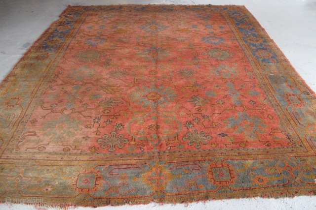 Very pretty Oushak carpet...the pile is not bad, but there are issues... 3.30m x 2.73m (10'11" x 9'). Been in my dusty corner too long...$1000 plus shipping.      