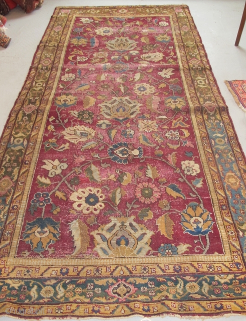 I have just re-discovered this beautiful Indian carpet in my dusty corner. Size is 3.05m x 1.38m (10' x 4'6"). The red is probably a corrosive red dye, reduced in length. But  ...