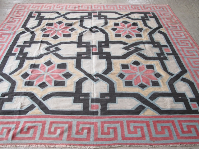 Spectacular Cotten Indian Dhurrie, 2.54m x 2.47m circa 1890. Design drawn from Hispano-Moresque art. Great colours and square format. Some staining and old repairs. Priced well.       