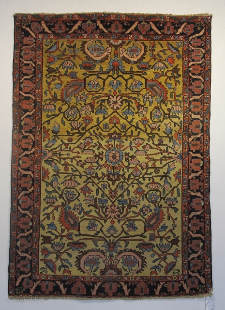 Antique Bakhtiar rug 1.88m x 1.30m, circa 1880 ( 74" x 51"). Rare yellow background. Note the enigmatic pair of one-eyed creatures at each end of the field. Sold Thanks   