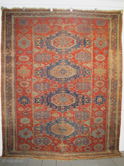 19th century Soumac Carpet with 4 medallions, East Caucasus, 2.86m x 2.28m (9'3" x 7'6"). Really good colours. Corrosion to the browns, otherwise in generally good condition. Needs cleaning and some attention  ...