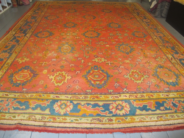 Very pretty 19th century Oushak carpet 4.68m x 3.43m. Available.                       