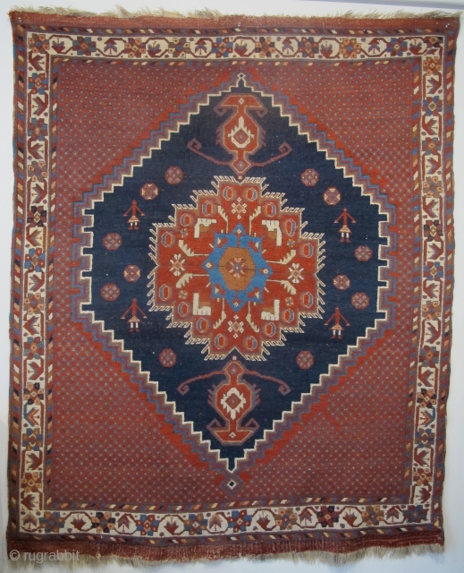 Antique Afshar Rug 1.60m x 1.36m (5'3" x 4'6"), beautiful colours and archaic features. Generally very good condition, with some minor corrosion in the blue field.       