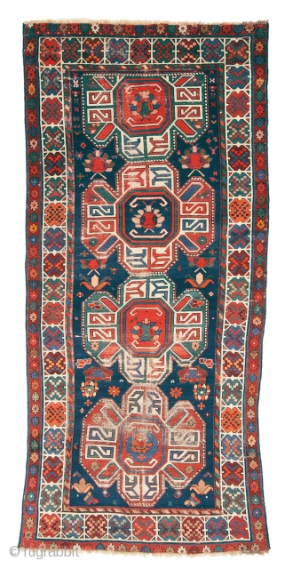 Kazak rug, late 19th century/early 20th century, 254 x 117 cm (100” x 46”)

Kazak Lenkoran, showing characteristic “cross” motifs, saturated and nice colors.
Condition: low pile all around, some foundations, old small repairs,  ...