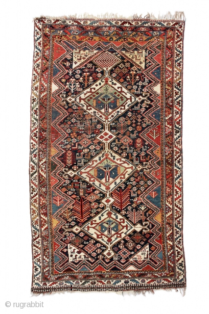 Qashqai rug, early 20th century, 218 x 120 cm (86” x 47”)
South Persia Tribal

A classic three medallion design, but with the addition of smaller medallions on the axis. The larger ones feature  ...
