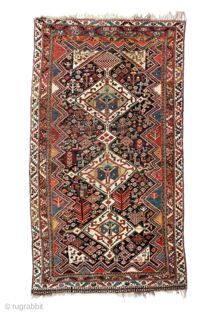 Qashqai rug, early 20th century, 218 x 120 cm (86” x 47”)
South Persia Tribal

A classic three medallion design, but with the addition of smaller medallions on the axis. The larger ones feature  ...