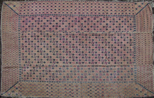 Zhuang Wedding Blanket: Excellent, circa 1950s, 3 paneled weaving from the Zhuang ethnic group in Guangxi Zhuang, Southern China. The body is woven from very fine handmade cotton thread while the weft  ...