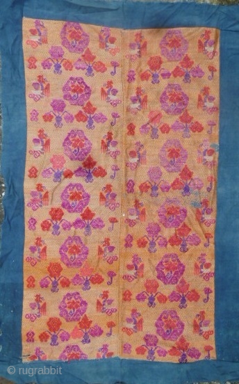  Fine old silk brocade supplementary weft embroidered on cotton backing from the Maonan ethnic group, circa early 20th CE with phoenix and floral pattern. L: 109cm/42in and W: 68cm/26in (with cotton  ...