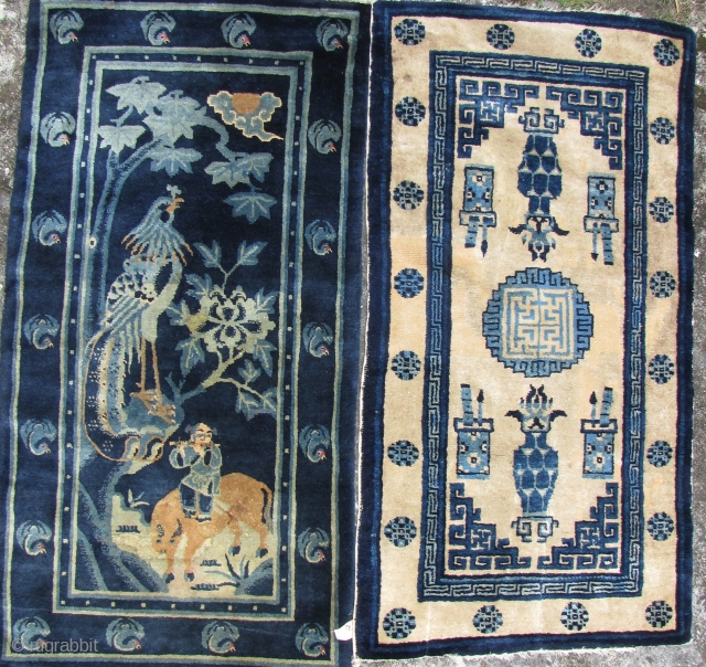 Two classic old Baotou carpets: One with an image of a boy playing the flute, symbolizing peace and longing for a simple rural life, and phoenix looking at the sun which symbolizes  ...
