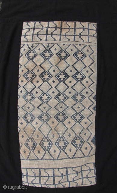 Antique cotton blanket section, from the Chinese Tujia minority, circa late 19th/early20th century. All hand spun threads with heavy weave and undyed white background and two shades of indigo geometric pattern. No  ...