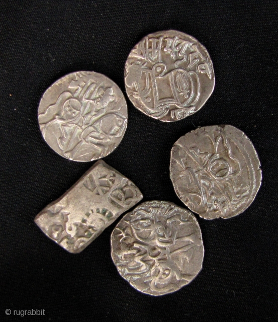 Collection of five ancient silver jitals from the Hindu, Spalapati Kingdom in what is now Kabul, Afghanistan- circa 700-1000CE. Very nice mounted horseman and Nandi images. Scale in last enlargement. Approx 3-4  ...