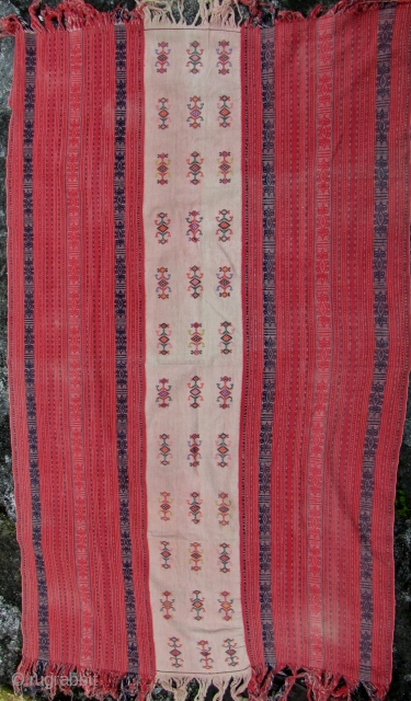 Timorese Men’s Blanket: Good Amfoang, West Timor men’s mantle using supplementary warp weaving decoration on the side panels and quirky embroidered animals in the center panel. This piece is late 20th century  ...