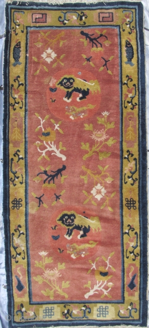 Ningxia Carpet: Good circa late 19th/early 20th ce, Ningxia Tibetan Buddhist temple runner with two playful female “foo dogs” and pup, medallions, representing the nurturing aspect of the Yin principle, against an  ...