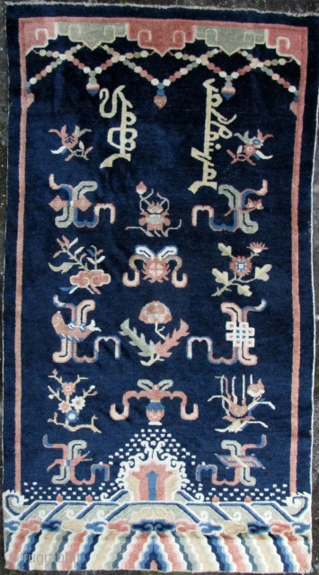 ery fine, Ningxia Buddhist wall carpet, from a Tibetan monastery, circa late Qing Dynasty. Constructed with a supple cotton warp and weft- the pile is very smooth (like silk). The design consists  ...
