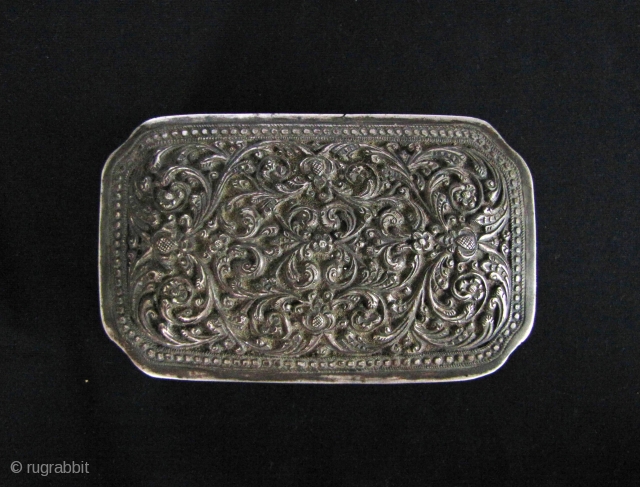 Sri Lankan: Very fine 19th century repoussé and deeply chased Ceylonese sterling silver quality jewelry box in classic Kandyan style with floral scrolls, “Hathsa” Sacred Buddhist Goose and Sinhalese lion images. Excellent  ...