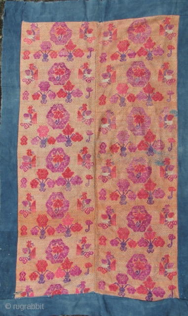 Mulao Wedding Blanket: Fine old silk brocade supplementary weft embroidered on cotton backing from the Mulao ethnic group, Guizhou, China- circa early 20th CE with phoenix and floral pattern. L: 109cm/42in and  ...