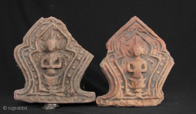 Thai Buddhist Temple Roof Tiles: Pair of terra cotta roof “end tiles”, circa Ayutthaya period (1700 CE), depicting apsaras~ salvaged from an old collapsed Wat temple site. 14cm/5.5in height. Condition as pictured.  ...