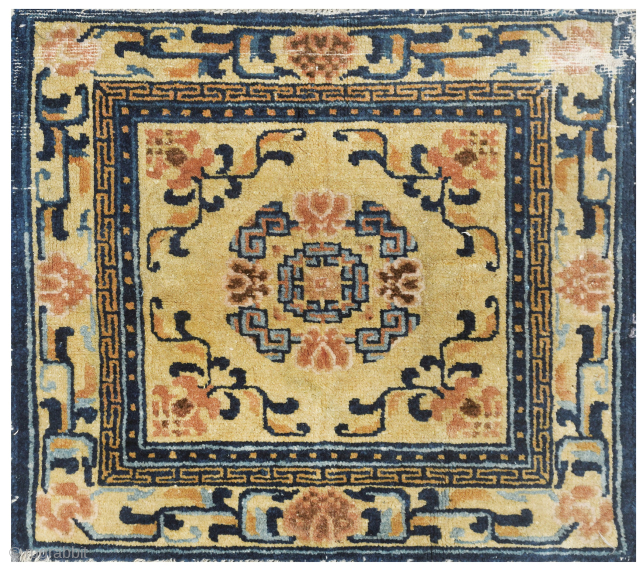 Ningxia Buddhist Prayer Rug: Late 19th century to early 20th century (over 100 years old), meditation panel carpet. These were usually woven like a runner with several carpets together. Dimensions: 65cm/25.5in x ...