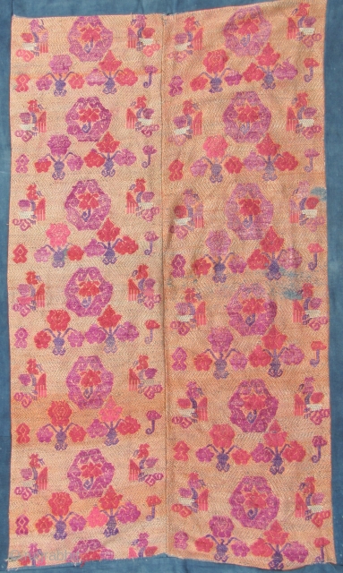 Chinese: Fine old silk brocade supplementary weft embroidered on cotton backing from the Mulao ethnic group, from Guizhou or Guangxi Zhuang, circa early 20th CE with phoenix and floral pattern. L: 109cm/42in  ...