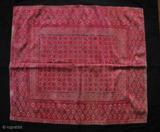 Zhuang Child’s Blanket: Beautiful old Zhuang minority textile from Guangxi Zhuang/Guizhou province, China. Woven in two panels with silk embroidered “diamond and star” patterned border. There are small repairs noted in enlargement  ...