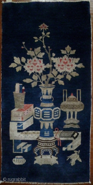 China: Exceptionally fine Chinese scholar's wall carpet woven in Baotou, Inner Mongolia with “honor and riches” design, circa 1920. Please note the detailed and precise weaving of the depicted objects. There is  ...