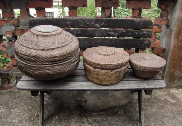 Sri Lanka Baskets: Group of three household woven cane baskets acquired in Kandy, Sri Lanka in the 1990s. These were old at the time of acquisition so I would date them to  ...