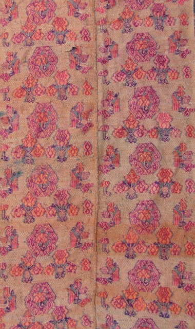 Chinese Wedding Blanket: Fine old silk brocade supplementary weft embroidered on cotton backing from the Mulao ethnic group, circa first half 20th CE. The foundation is woven with handspun blue cotton threads  ...