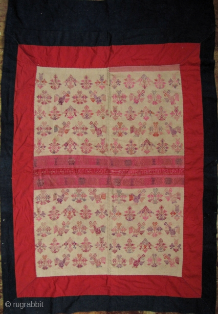 Maonan Wedding Blanket: Fine old all hand spun and hand woven wedding blanket from the tiny Maonan minority group in Guangxi and Guizhou province, circa 1940 to 1960. This piece has a  ...