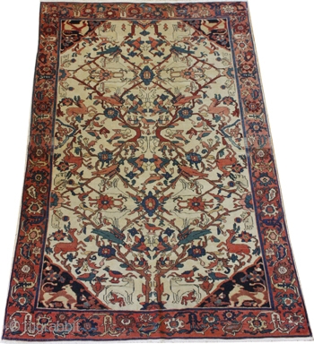 Very rare west-iranian animal rug, Malayer, circa 177 x 128 cm,
fine weaving, some repairs, even low, very unusual. Middle of 19 century.

Price: on request, more information: www.adil-besim.at      