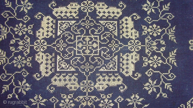 Cross Stitch Silk Embroidery on indigo hand span cotton, on an ivory hemp.   1.27 x 0.58 M.    Zhuang, China.   Late 19th Century.


    